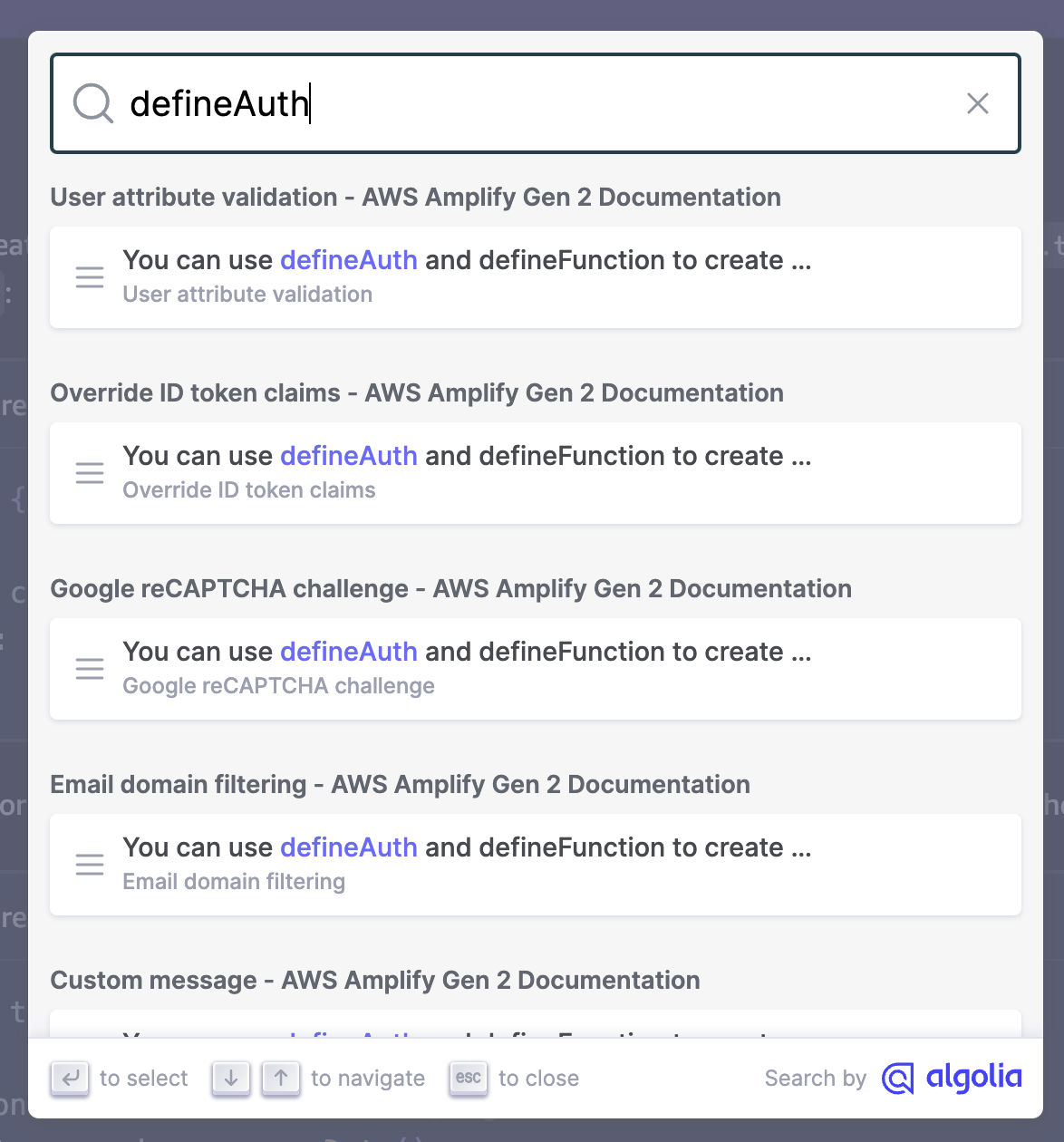 Amplify 官方文档中搜索「defineAuth」的结果，基本上只有无关紧要的信息。