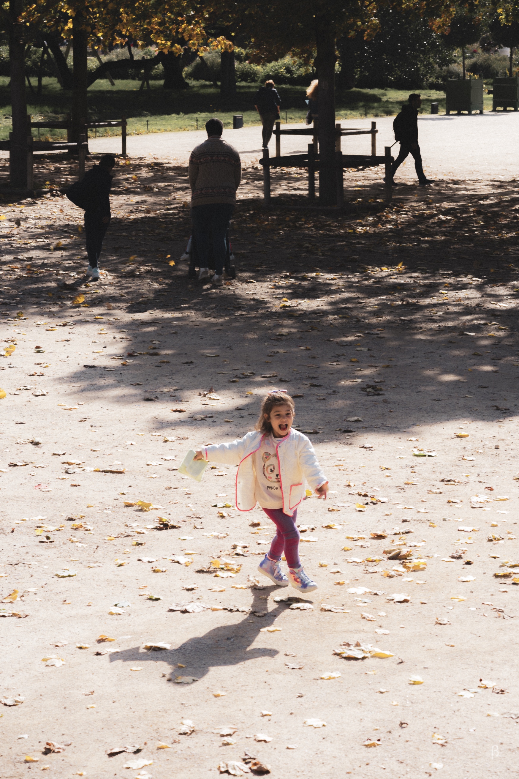 This lively photograph captures a joyful moment in a sunlit park. A young girl in colorful attire runs gleefully across a leaf-strewn path, her expression radiating pure happiness as sunlight highlights her animated movement. In the background, a scattering of figures engages in quiet activities beneath the trees, their shadows blending harmoniously with the dappled light filtering through the foliage. The scene conveys an uplifting energy, showcasing the carefree essence of childhood amidst a tranquil, autumnal setting.