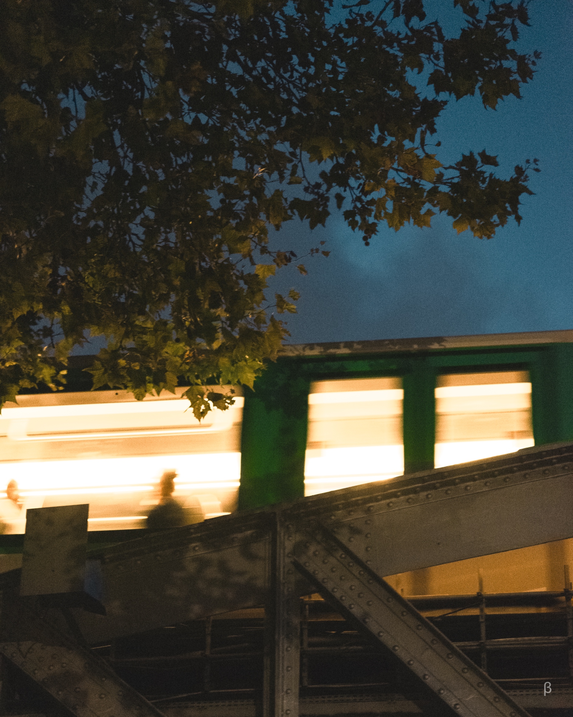 A long-exposure nighttime photograph capturing a train passing over a metal bridge or overpass. The train appears as bright streaks of warm light through the windows against a dark green train car. Tree branches with leaves are silhouetted against a deep blue evening sky in the upper portion of the image. The industrial structure of the bridge, with its riveted metal beams and angular supports, is visible in the foreground. The composition creates a moody, atmospheric scene with a contrast between the warm artificial light and the natural elements.