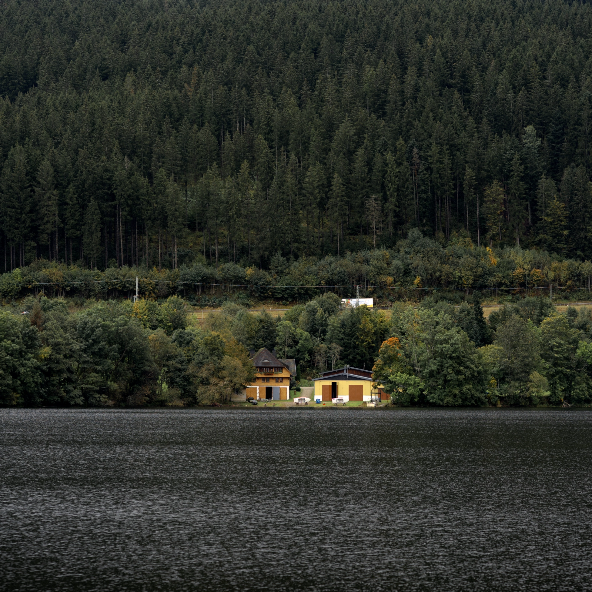 This image depicts a serene lakeside scene in a lush, forested setting. In the foreground, a still, dark lake reflects the surrounding landscape. On the far shore, a cluster of small, colorful houses nestled among the trees stands out against the dense, evergreen forest that covers the hillsides. The contrast of the bright, warm-toned buildings against the deep, shadowy lake and the dense, green forest creates a striking, moody atmosphere.