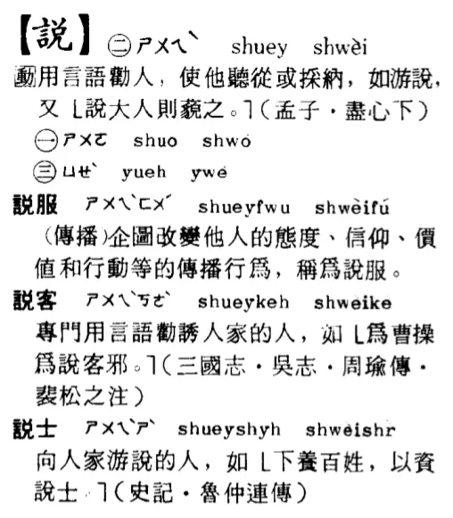 1981 年中国台湾《重编国语辞典》中「说」字读音与释义