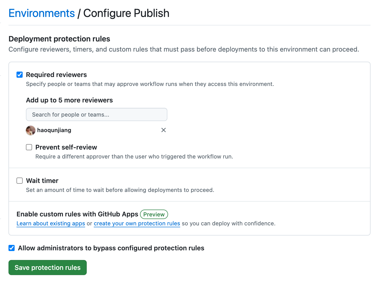 screenshot of setting the protection rule that deployment requires reviewers