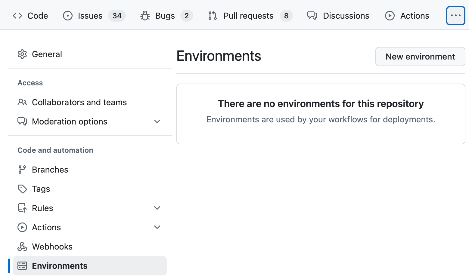 screenshot of creating a new environment in GitHub repository settings