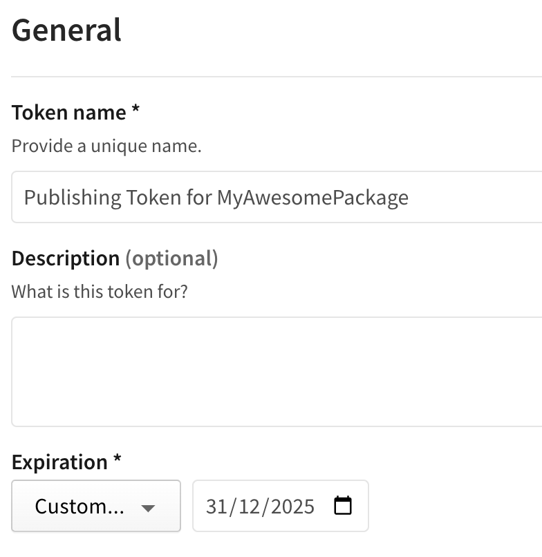 screenshot: in the "General" section, the token name is set to "Publishing Token for MyAwesomePackage"; the expiration field is of "custom" type and the date is "31/12/2025"