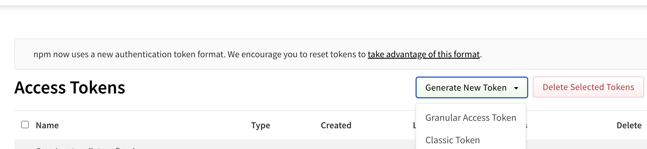 screenshot of generating access token from the npm page